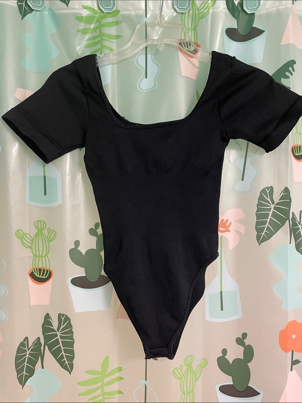 Black Ribbed Short-Sleeve  One-Piece Bodysuit